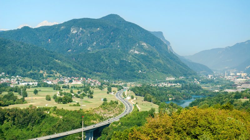 The A2 motorway on the Moste viaduct, with the Karawanks behind
