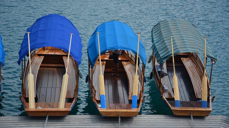 Pletna boats at the jetty in Bled