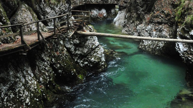 Wooden walkway through Vintgar Gorge