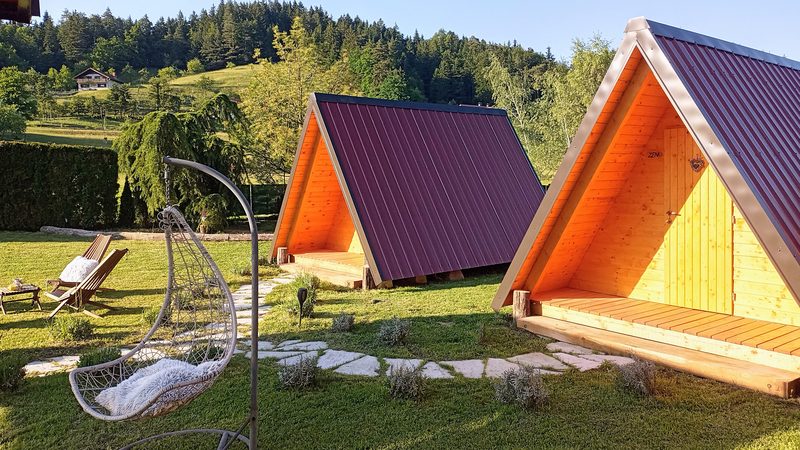 Glamping huts at a campsite