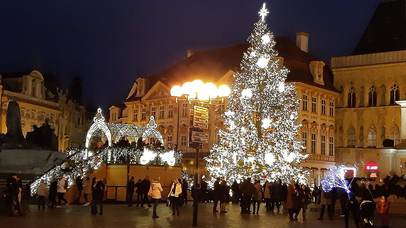 Illuminated Christmas tree at the Christmas market in Prague