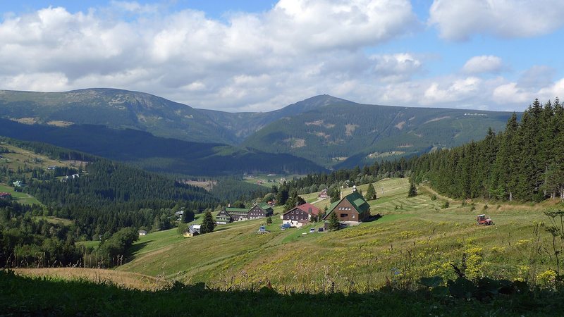 Mountain huts and holiday homes on a green slope near Pec pod Sněžkou in the Giant Mountains, Czech Republic